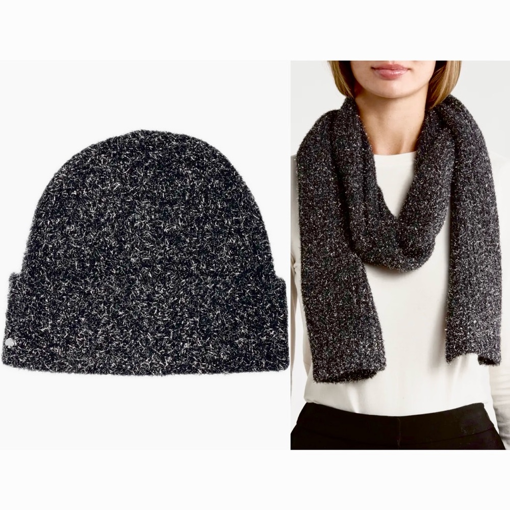 Kate Spade Tinsel Knit Beanie Scarf Set Black